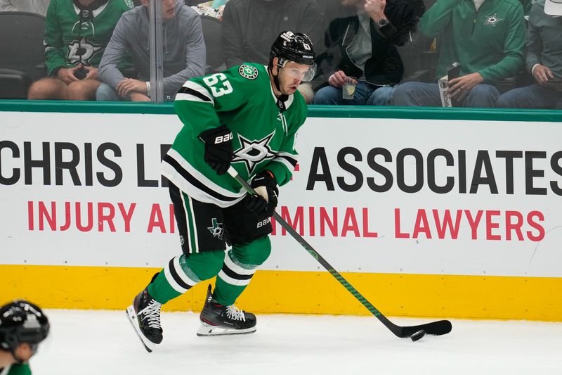 Oct 13, 2024; Dallas, Texas, USA;  Dallas Stars right wing Evgenii Dadonov (63) in action against the Seattle Kraken during the third period at American Airlines Center. Mandatory Credit: Chris Jones-Imagn Images