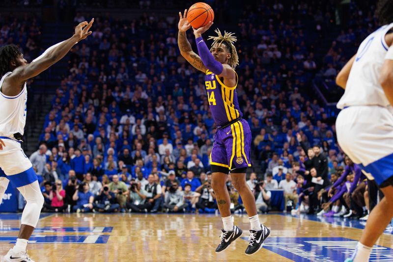 Jan 3, 2023; Lexington, Kentucky, USA; LSU Tigers guard Adam Miller (44) shoots the ball during the first half against the Kentucky Wildcats at Rupp Arena at Central Bank Center. Mandatory Credit: Jordan Prather-USA TODAY Sports