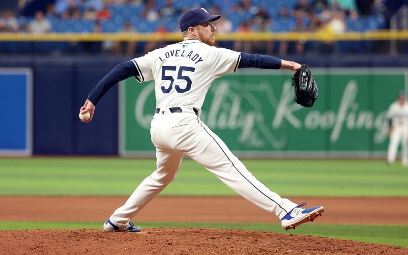 May 30, 2024; St. Petersburg, Florida, USA; Tampa Bay Rays relief pitcher Richard Lovelady (55) throws a pitch against the Oakland Athletics during the eleventh inning at Tropicana Field. Mandatory Credit: Kim Klement Neitzel-USA TODAY Sports