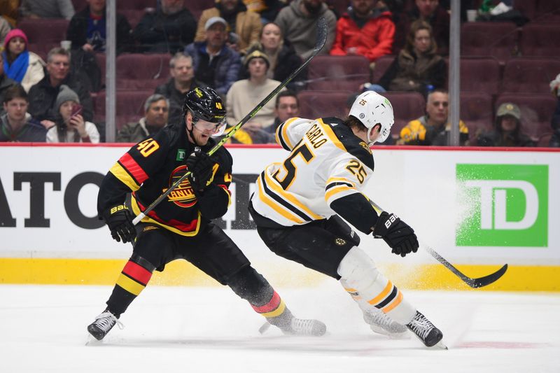 Feb 25, 2023; Vancouver, British Columbia, CAN; Vancouver Canucks forward Elias Pettersson (40) battles for the puck against Boston Bruins defenseman Brandon Carlo (25) during the third period at Rogers Arena. Mandatory Credit: Anne-Marie Sorvin-USA TODAY Sports