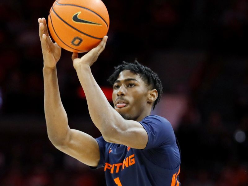 Feb 26, 2023; Columbus, Ohio, USA;  Illinois Fighting Illini guard Sencire Harris (1) takes the three point shot during the first half against the Ohio State Buckeyes at Value City Arena. Mandatory Credit: Joseph Maiorana-USA TODAY Sports