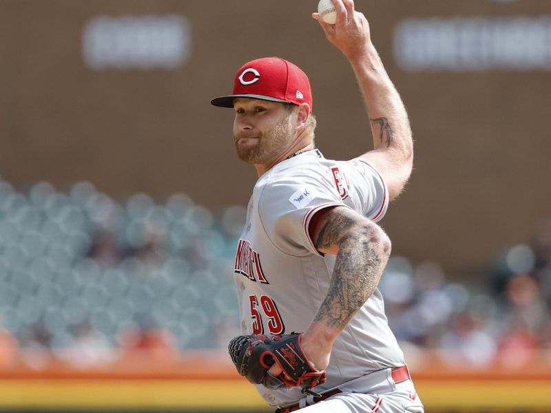 Sep 14, 2023; Detroit, Michigan, USA; Cincinnati Reds pitcher Ben Lively (59) pitches in the third inning against the Detroit Tigers pitches at Comerica Park. Mandatory Credit: Rick Osentoski-USA TODAY Sports