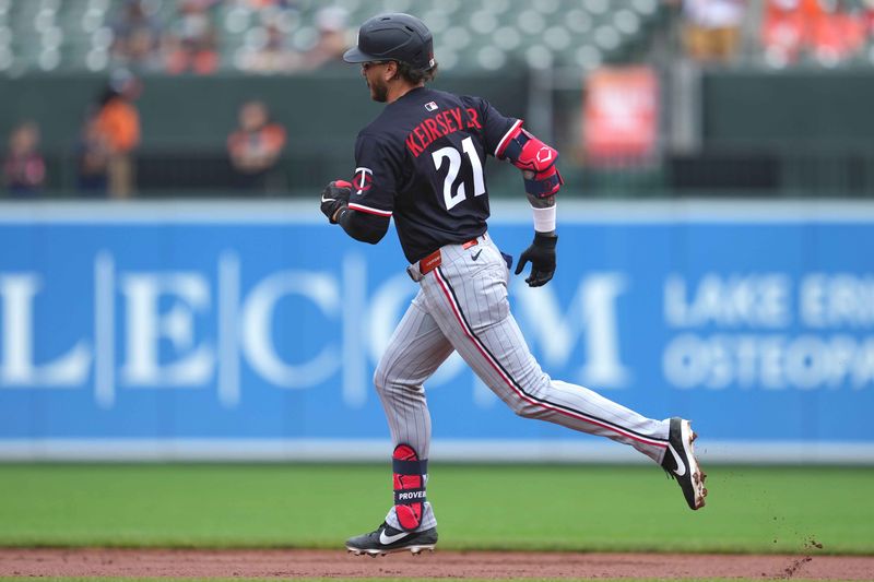 May 15, 2025; Baltimore, Maryland, USA; Minnesota Twins outfielder Dashawn Keirsey Jr (21) rounds the bases following his two run home run during the third inning against the Baltimore Orioles at Oriole Park at Camden Yards. Mandatory Credit: Mitch Stringer-Imagn Images