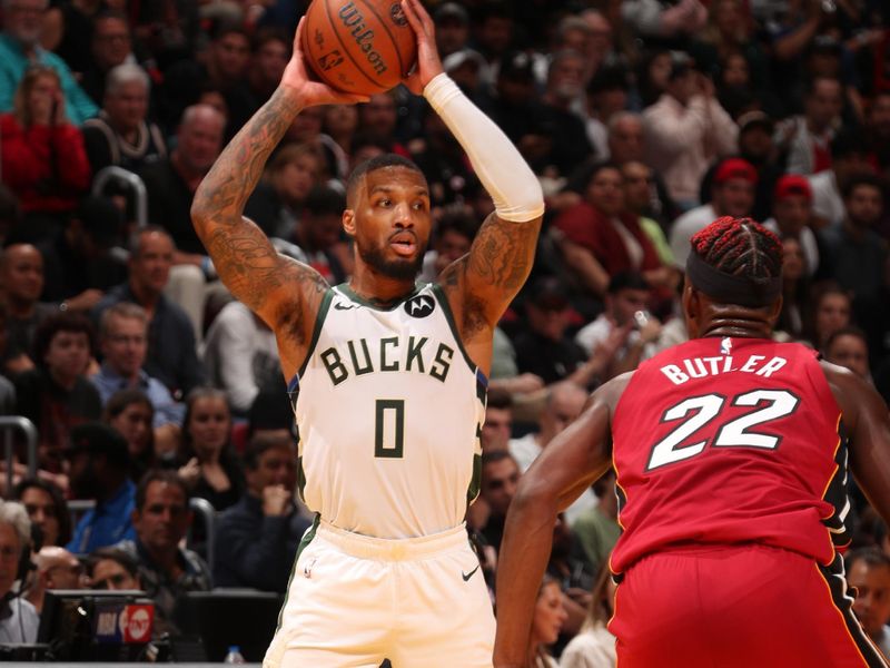 MIAMI, FL - NOVEMBER 26: Damian Lillard #0 of the Milwaukee Bucks handles the ball during the game against the Miami Heat during the Emirates NBA Cup game on November 26, 2024 at Kaseya Center in Miami, Florida. NOTE TO USER: User expressly acknowledges and agrees that, by downloading and or using this Photograph, user is consenting to the terms and conditions of the Getty Images License Agreement. Mandatory Copyright Notice: Copyright 2024 NBAE (Photo by Issac Baldizon/NBAE via Getty Images)