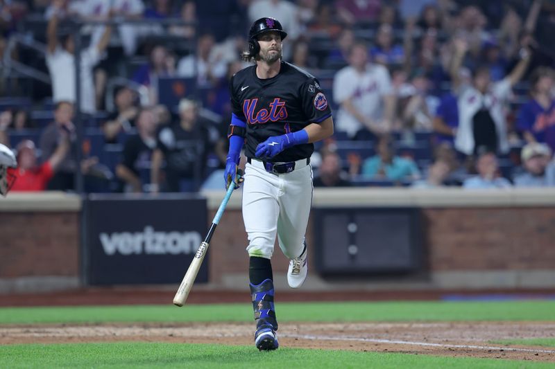 Aug 16, 2024; New York City, New York, USA; New York Mets second baseman Jeff McNeil (1) rounds the bases after hitting a two run home run against the Miami Marlins during the fourth inning at Citi Field. Mandatory Credit: Brad Penner-USA TODAY Sports