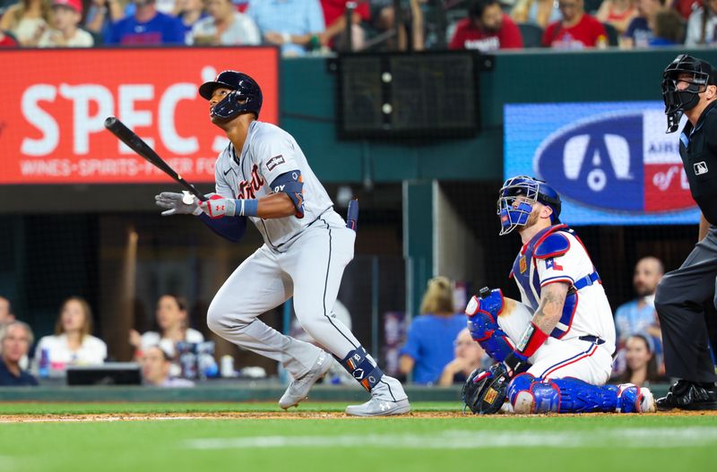 Jun 5, 2024; Arlington, Texas, USA;  Detroit Tigers designated hitter Justyn-Henry Malloy (36) hits a home run during the sixth inning against the Texas Rangers at Globe Life Field. Mandatory Credit: Kevin Jairaj-USA TODAY Sports