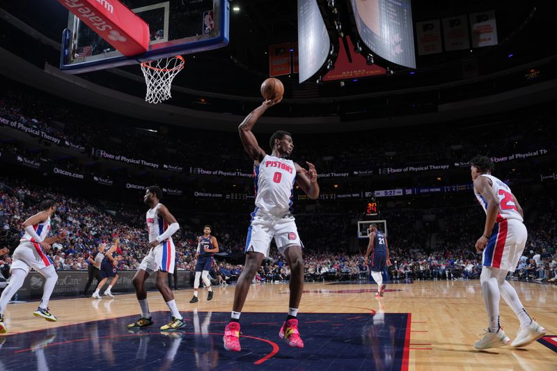 PHILADELPHIA, PA - APRIL 9: Jalen Duren #0 of the Detroit Pistons rebounds the ball during the game against the Philadelphia 76ers on April 9, 2024 at the Wells Fargo Center in Philadelphia, Pennsylvania NOTE TO USER: User expressly acknowledges and agrees that, by downloading and/or using this Photograph, user is consenting to the terms and conditions of the Getty Images License Agreement. Mandatory Copyright Notice: Copyright 2024 NBAE (Photo by Jesse D. Garrabrant/NBAE via Getty Images)