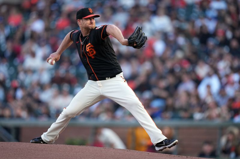 Aug 12, 2023; San Francisco, California, USA; San Francisco Giants starting pitcher Alex Cobb (38) throws a pitch against the Texas Rangers during the first inning at Oracle Park. Mandatory Credit: Darren Yamashita-USA TODAY Sports