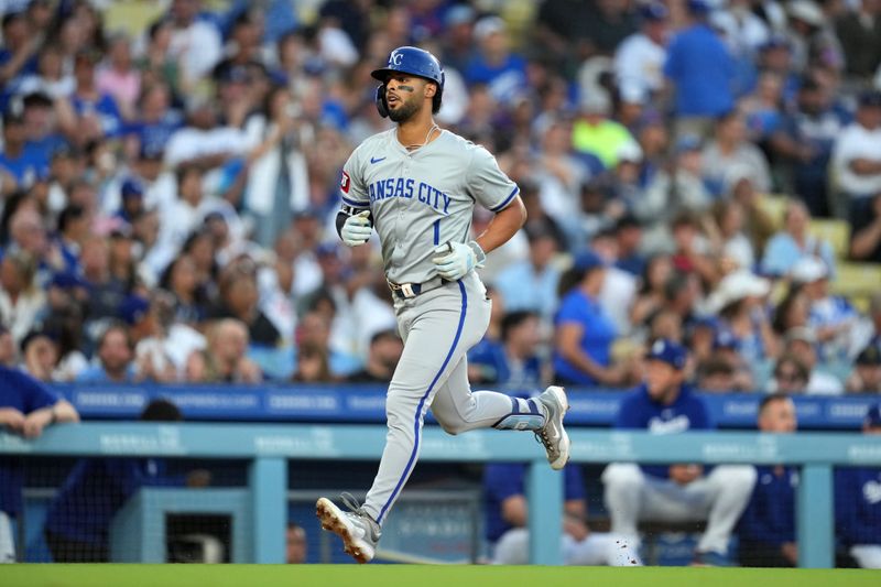 Jun 15, 2024; Los Angeles, California, USA; Kansas City Royals left fielder MJ Melendez (1) runs the bases after hitting a grand slam home run in the sixth inning against the Los Angeles Dodgers at Dodger Stadium. Mandatory Credit: Kirby Lee-USA TODAY Sports