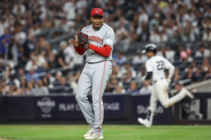 Jul 3, 2024; Bronx, New York, USA; Cincinnati Reds relief pitcher Alexis Díaz (43) celebrates after recording a save in a 3-2 victory over the New York Yankees at Yankee Stadium. Mandatory Credit: Wendell Cruz-USA TODAY Sports