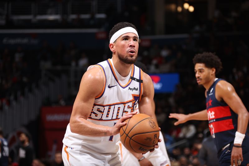 WASHINGTON, DC -? JANUARY 16: Devin Booker #1 of the Phoenix Suns shoots a free throw during the game against the Washington Wizards on January 16, 2025 at Capital One Arena in Washington, DC. NOTE TO USER: User expressly acknowledges and agrees that, by downloading and or using this Photograph, user is consenting to the terms and conditions of the Getty Images License Agreement. Mandatory Copyright Notice: Copyright 2024 NBAE (Photo by Kenny Giarla/NBAE via Getty Images)