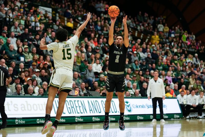 Feb 27, 2024; Fort Collins, Colorado, USA; Nevada Wolf Pack guard Jarod Lucas (2) shoot a three-point shot with Colorado State Rams guard Jalen Lake (15) defending at Moby Arena. Mandatory Credit: Michael Madrid-USA TODAY Sports