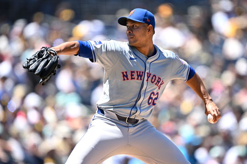 Aug 25, 2024; San Diego, California, USA; New York Mets starting pitcher Jose Quintana (62) pitches against the San Diego Padres during the first inning at Petco Park. Mandatory Credit: Orlando Ramirez-USA TODAY Sports