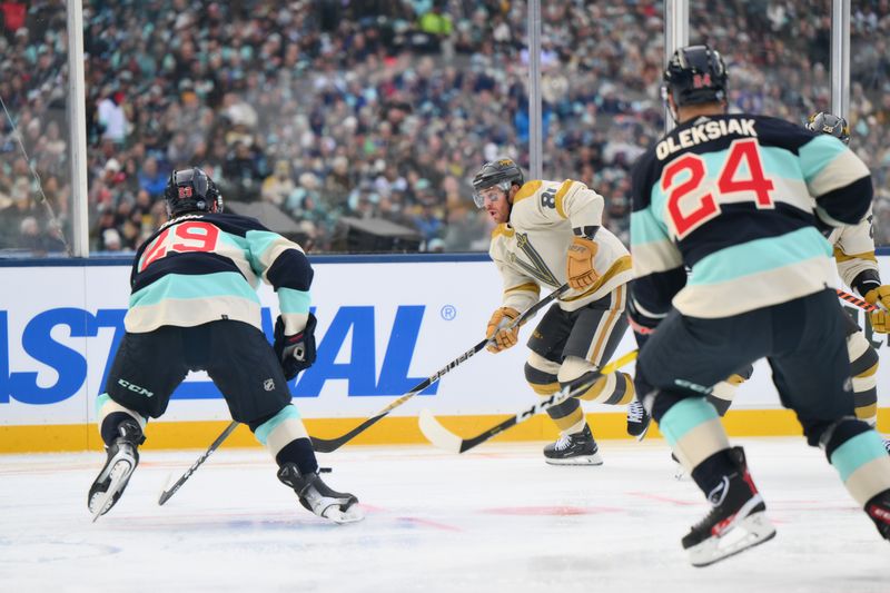 Jan 1, 2024; Seattle, Washington, USA; Vegas Golden Knights right wing Jonathan Marchessault (81) advances the puck Seattle Kraken during the first period in the 2024 Winter Classic ice hockey game at T-Mobile Park. Mandatory Credit: Steven Bisig-USA TODAY Sports