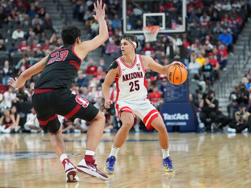 Mar 9, 2023; Las Vegas, NV, USA; Arizona Wildcats guard Kerr Kriisa (25) dribbles against Stanford Cardinal forward Brandon Angel (23) during the second half at T-Mobile Arena. Mandatory Credit: Stephen R. Sylvanie-USA TODAY Sports