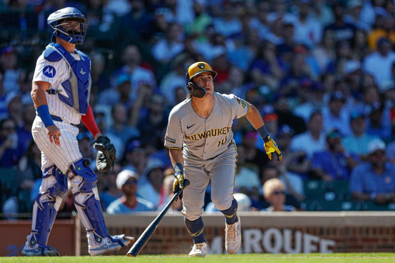 Aug 21, 2025; Chicago, Illinois, USA; Milwaukee Brewers right fielder Sal Frelick (10) doubles against the Chicago Cubs during the eight inning at Wrigley Field. Mandatory Credit: Kamil Krzaczynski-Imagn Images