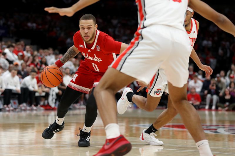 Feb 29, 2024; Columbus, Ohio, USA;  Nebraska Cornhuskers guard C.J. Wilcher (0) moves the ball during the first half against the Ohio State Buckeyes at Value City Arena. Mandatory Credit: Joseph Maiorana-USA TODAY Sports