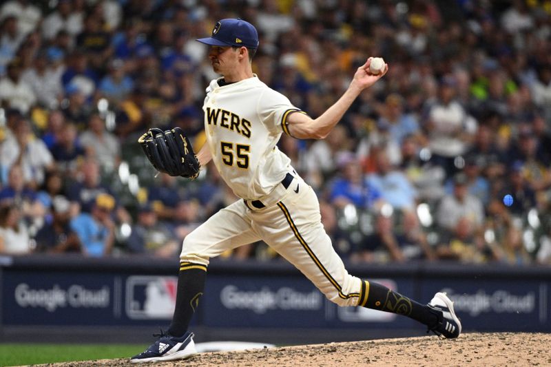 Oct 3, 2023; Milwaukee, Wisconsin, USA; Milwaukee Brewers relief pitcher Hoby Milner (55) pitches in the sixth inning against the Arizona Diamondbacks during game one of the Wildcard series for the 2023 MLB playoffs at American Family Field. Mandatory Credit: Michael McLoone-USA TODAY Sports