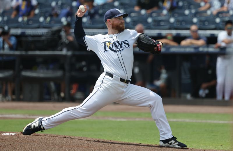 Jun 8, 2025; St. Petersburg, Florida, USA;  Tampa Bay Rays pitcher Drew Rasmussen (57) throws a pitch against the Miami Marlins during the first inning at George M. Steinbrenner Field. Mandatory Credit: Kim Klement Neitzel-Imagn Images