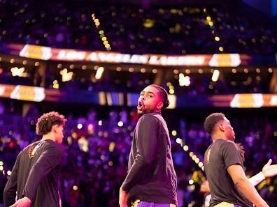 LAS VEGAS, NV - DECEMBER 9: D'Angelo Russell #1 of the Los Angeles Lakers is introduced before the game against the Indiana Pacers during the In-Season Tournament Championship game on December 9, 2023 at T-Mobile Arena in Las Vegas, Nevada. NOTE TO USER: User expressly acknowledges and agrees that, by downloading and or using this photograph, User is consenting to the terms and conditions of the Getty Images License Agreement. Mandatory Copyright Notice: Copyright 2023 NBAE (Photo by Tyler Ross/NBAE via Getty Images)