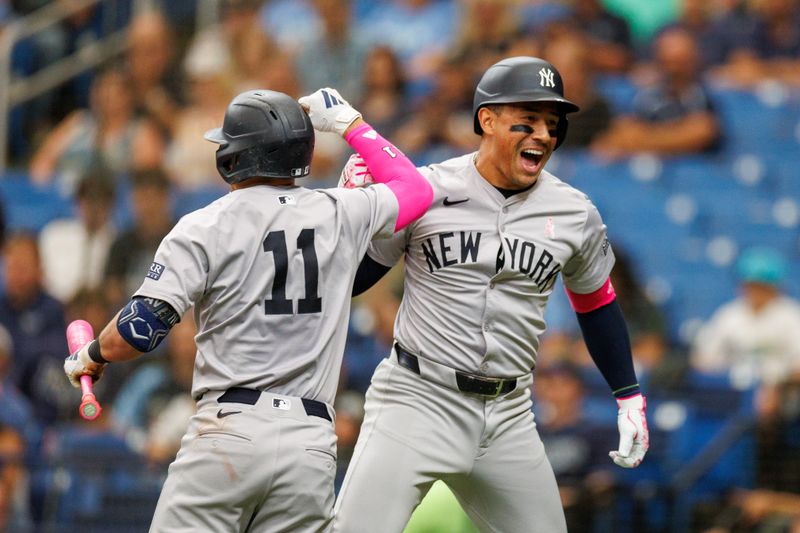 May 12, 2024; St. Petersburg, Florida, USA;  New York Yankees outfielder Jahmai Jones (14) celebrates with shortstop Anthony Volpe (11)  after hitting a solo home run against the Tampa Bay Rays in the third inning at Tropicana Field. Mandatory Credit: Nathan Ray Seebeck-USA TODAY Sports