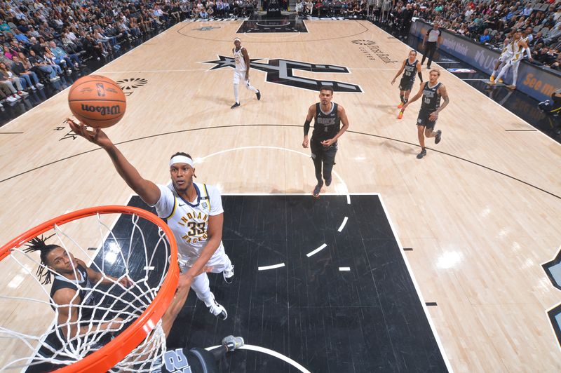 SAN ANTONIO, TX - MARCH 3: Myles Turner #33 of the Indiana Pacers shoots the ball during the game against the San Antonio Spurs on March 3, 2024 at the Frost Bank Center in San Antonio, Texas. NOTE TO USER: User expressly acknowledges and agrees that, by downloading and or using this photograph, user is consenting to the terms and conditions of the Getty Images License Agreement. Mandatory Copyright Notice: Copyright 2024 NBAE (Photos by Michael Gonzales/NBAE via Getty Images)