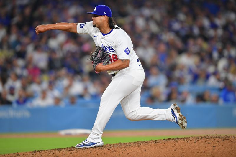 Sep 24, 2024; Los Angeles, California, USA; Los Angeles Dodgers pitcher Brusdar Graterol (48) throws against the San Diego Padres. during the fifth inning at Dodger Stadium. Mandatory Credit: Gary A. Vasquez-Imagn Images