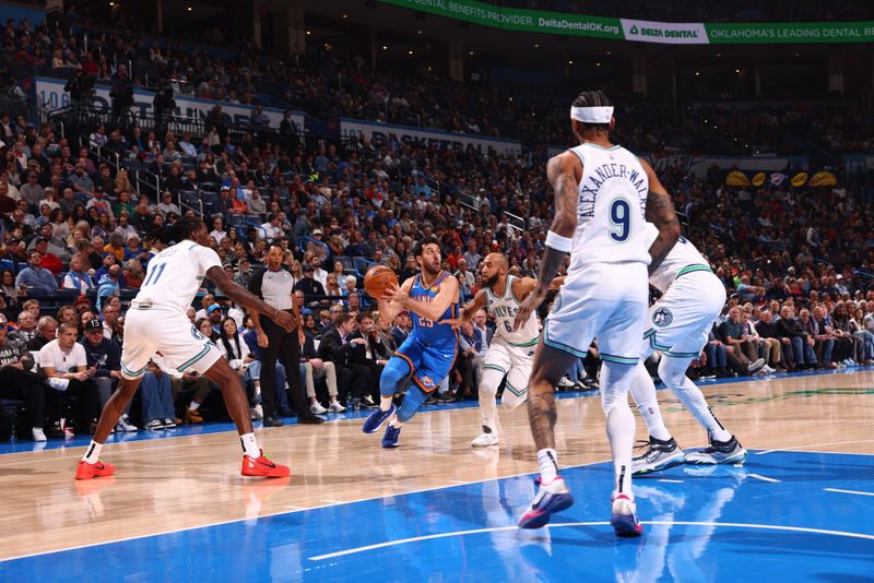 OKLAHOMA CITY, OK - JANUARY 29: Oklahoma City Thunder #29 Vasilije Micic handles the ball during the game against the Minnesota Timberwolves on January 29, 2024 at Paycom Arena in Oklahoma City, Oklahoma. NOTE TO USER: User expressly acknowledges and agrees that, by downloading and or using this photograph, User is consenting to the terms and conditions of the Getty Images License Agreement. Mandatory Copyright Notice: Copyright 2024 NBAE (Photo by Zach Beeker/NBAE via Getty Images)