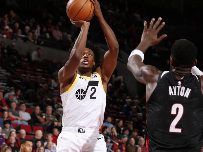 PORTLAND, OR - DECEMBER 6: Collin Sexton #2 of the Utah Jazz shoots the ball during the game against the Portland Trail Blazers on December 6, 2024 at the Moda Center Arena in Portland, Oregon. NOTE TO USER: User expressly acknowledges and agrees that, by downloading and or using this photograph, user is consenting to the terms and conditions of the Getty Images License Agreement. Mandatory Copyright Notice: Copyright 2024 NBAE (Photo by Cameron Browne/NBAE via Getty Images)