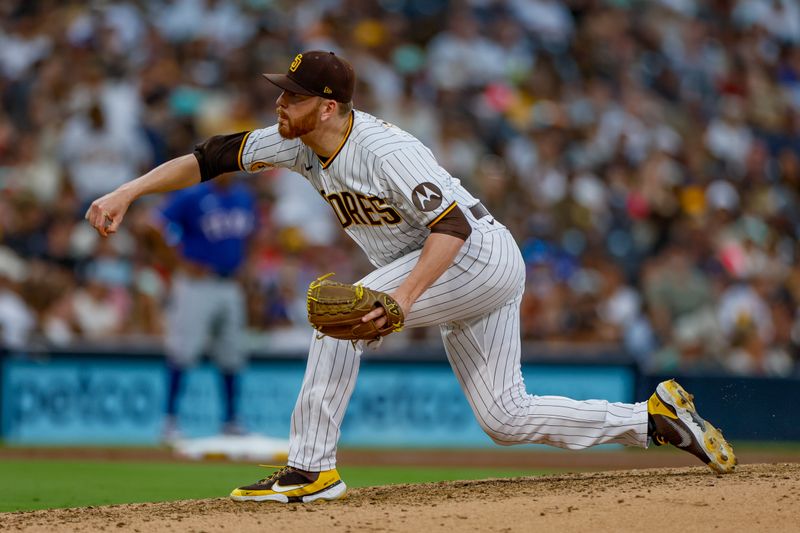 Jul 29, 2023; San Diego, California, USA; San Diego Padres relief pitcher Steven Wilson (36) throws a pitch during the seventh inning against the Texas Rangers at Petco Park. Mandatory Credit: David Frerker-USA TODAY Sports