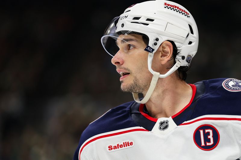 Oct 10, 2024; Saint Paul, Minnesota, USA; Columbus Blue Jackets center Sean Monahan (23) looks on during the third period against the Minnesota Wild at Xcel Energy Center. Mandatory Credit: Matt Krohn-Imagn Images