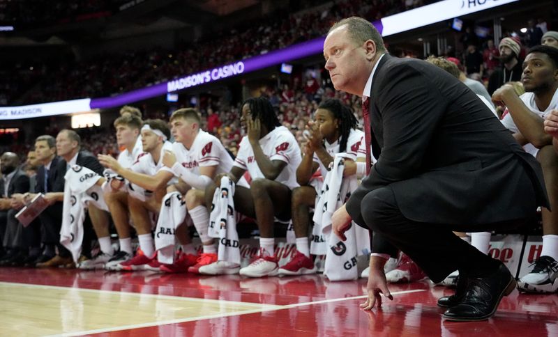 Nov 10, 2023; Madison, Wisconsin, USA; Wisconsin head coach Greg Gard watches his team during the second half of their game against the Tennessee Volunteers at the Kohl Center. Mandatory Credit: Mark Hoffman-USA TODAY Sports