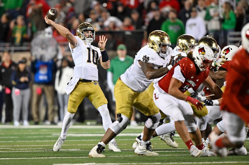 Oct 7, 2023; Louisville, Kentucky, USA; Notre Dame Fighting Irish quarterback Sam Hartman (10) attempts to throw deep against the Louisville Cardinals during the first half at L&N Federal Credit Union Stadium. Mandatory Credit: Jamie Rhodes-USA TODAY Sports