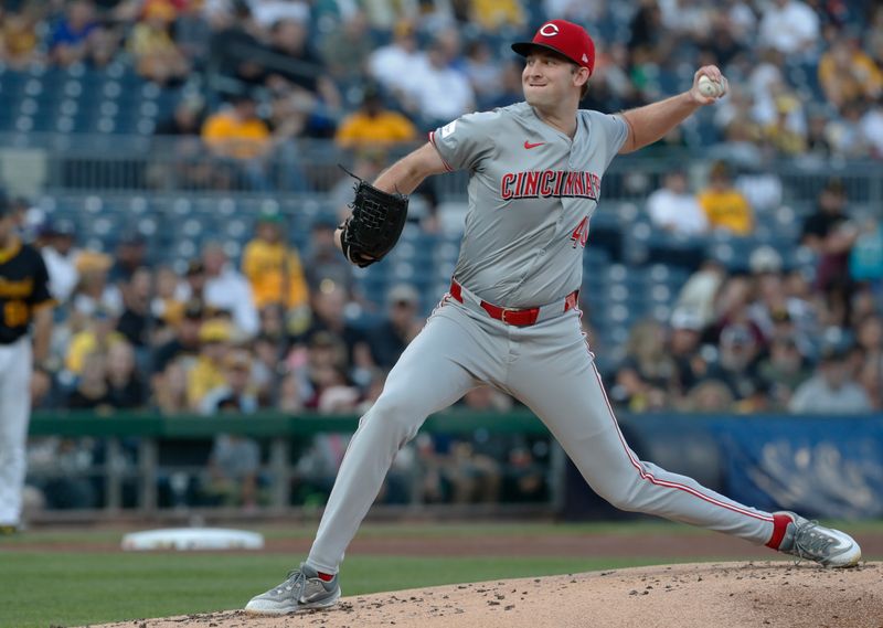 Aug 22, 2024; Pittsburgh, Pennsylvania, USA;  Cincinnati Reds starting pitcher Nick Lodolo (40) delivers a pitch against the Pittsburgh Pirates during the first inning at PNC Park. Mandatory Credit: Charles LeClaire-USA TODAY Sports