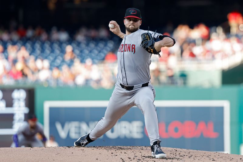 Jun 18, 2024; Washington, District of Columbia, USA; Arizona Diamondbacks starting pitcher Slade Cecconi (43) pitches /Wednesday/ during the first inning at Nationals Park. Mandatory Credit: Geoff Burke-USA TODAY Sports