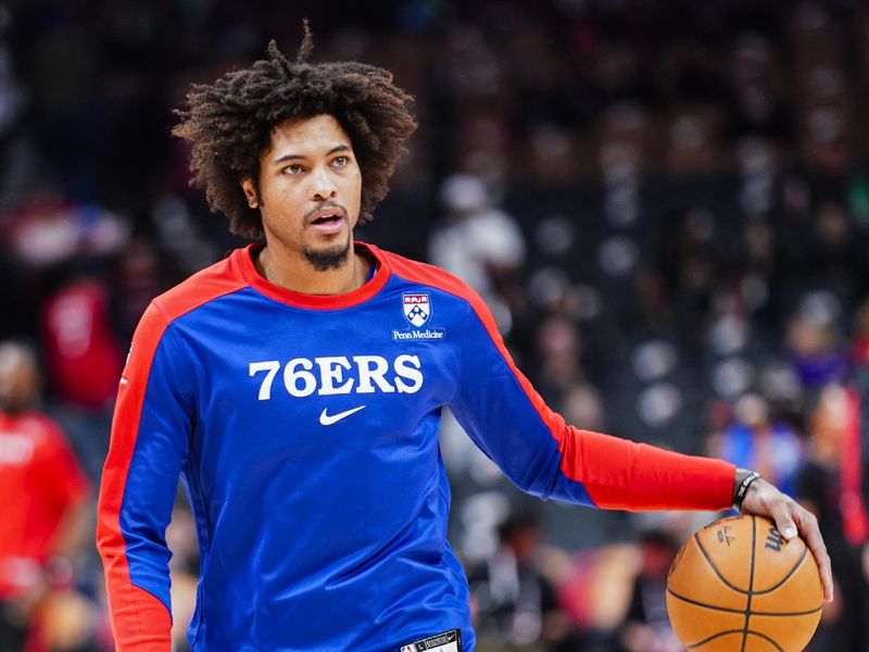 TORONTO, CANADA - OCTOBER 25: Kelly Oubre Jr. #9 of the Philadelphia 76ers looks on before the game against the Toronto Raptors on October 25, 2024 at the Scotiabank Arena in Toronto, Ontario, Canada.  NOTE TO USER: User expressly acknowledges and agrees that, by downloading and or using this Photograph, user is consenting to the terms and conditions of the Getty Images License Agreement.  Mandatory Copyright Notice: Copyright 2024 NBAE (Photo by Mark Blinch/NBAE via Getty Images)