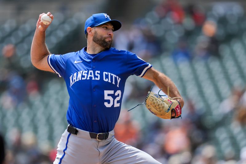 Apr 20, 2025; Detroit, Michigan, USA; Kansas City Royals pitcher Michael Wacha (52) throws against the Detroit Tigers in the second inning at Comerica Park. Mandatory Credit: Aaron Doster-Imagn Images