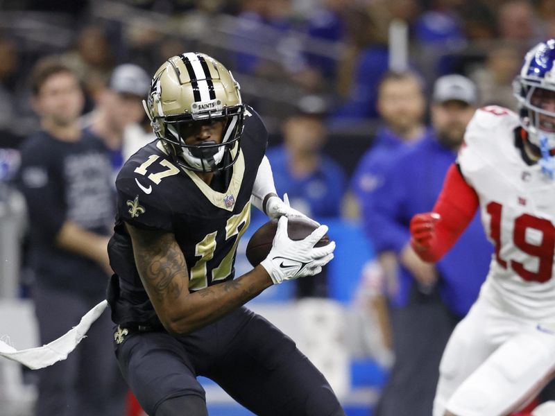 New Orleans Saints wide receiver A.T. Perry (17) during an NFL football game against the New York Giants, Sunday, Dec. 17, 2023, in New Orleans. (AP Photo/Tyler Kaufman)