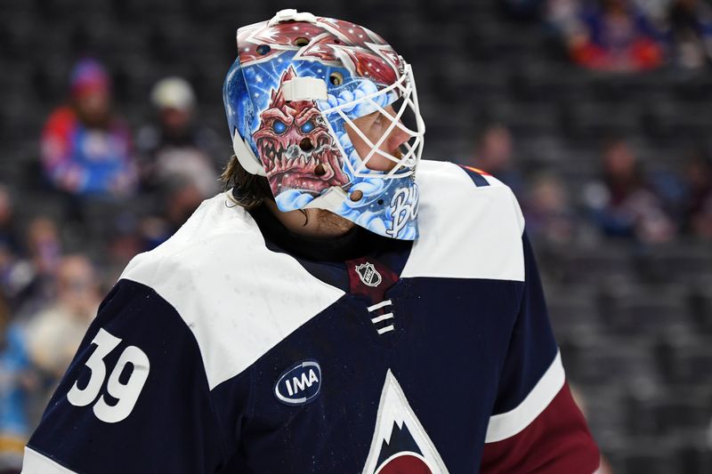 Jan 31, 2025; Denver, Colorado, USA; Colorado Avalanche goaltender Mackenzie Blackwood (39) during warmups before the game against the St. Louis Blues at Ball Arena. Mandatory Credit: Christopher Hanewinckel-Imagn Images