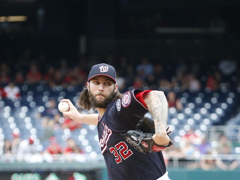 Sep 10, 2023; Washington, District of Columbia, USA; Washington Nationals starting pitcher Trevor Williams (32) throws the ball in the first inning against the Los Angeles Dodgers at Nationals Park. Mandatory Credit: Amber Searls-USA TODAY Sports