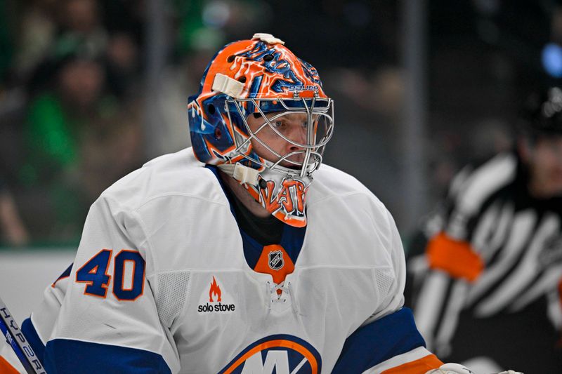 Oct 12, 2024; Dallas, Texas, USA; New York Islanders goaltender Semyon Varlamov (40) faces the Dallas Stars attack during the second period at the American Airlines Center. Mandatory Credit: Jerome Miron-Imagn Images