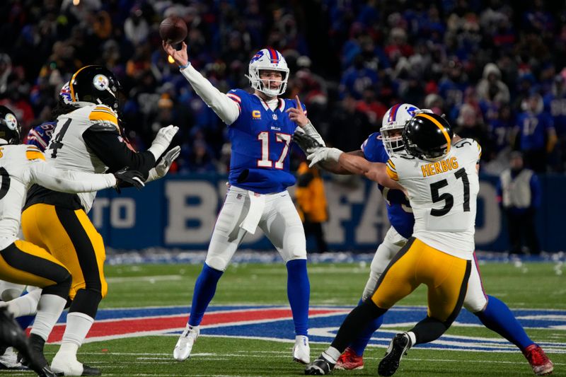 Buffalo Bills quarterback Josh Allen (17) throws the ball against the Pittsburgh Steelers during an NFL wild-card playoff football game, Monday, Jan. 15, 2024 in in Orchard Park, NY. (AP Photo/Rick Scuteri)