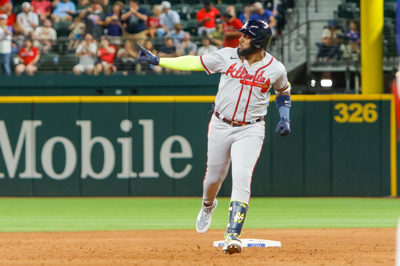 May 15, 2023; Arlington, Texas, USA; Atlanta Braves designated hitter Marcell Ozuna (20) circles the bases after hitting a two-run home run during the ninth inning against the Texas Rangers at Globe Life Field. Mandatory Credit: Andrew Dieb-USA TODAY Sports