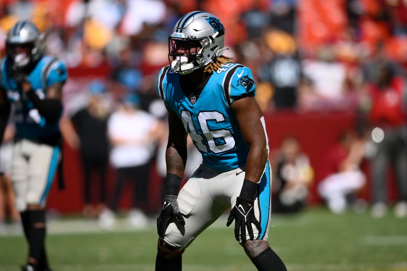 Carolina Panthers linebacker Arron Mosby (46) during the second half of a preseason NFL football game against the Washington Commanders, Saturday, Aug. 13, 2022, in Landover, Md. The Panthers won 23-21. (AP Photo/Nick Wass)