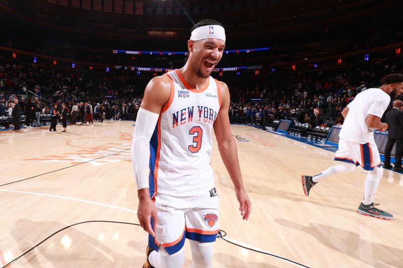 NEW YORK, NY - NOVEMBER 17: Josh Hart #3 of the New York Knicks celebrates after the game against the Brooklyn Nets on November 17, 2024 at Madison Square Garden in New York City, New York.  NOTE TO USER: User expressly acknowledges and agrees that, by downloading and or using this photograph, User is consenting to the terms and conditions of the Getty Images License Agreement. Mandatory Copyright Notice: Copyright 2024 NBAE  (Photo by Nathaniel S. Butler/NBAE via Getty Images)