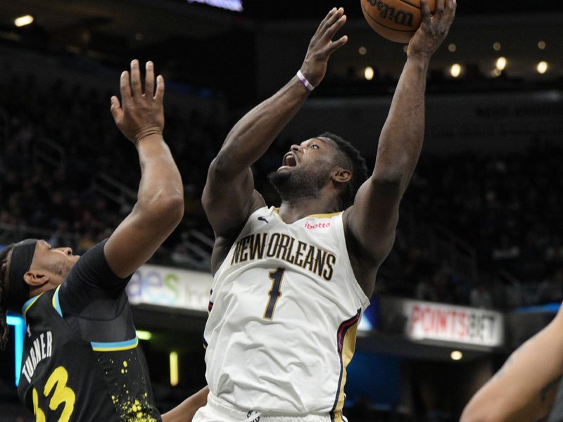 INDIANAPOLIS, IN - FEBRUARY 28: Zion Williamson #1 of the New Orleans Pelicans shoots the ball during the game against the Indiana Pacers on February 28, 2024 at Gainbridge Fieldhouse in Indianapolis, Indiana. NOTE TO USER: User expressly acknowledges and agrees that, by downloading and or using this Photograph, user is consenting to the terms and conditions of the Getty Images License Agreement. Mandatory Copyright Notice: Copyright 2024 NBAE (Photo by Jeff Dean/NBAE via Getty Images)