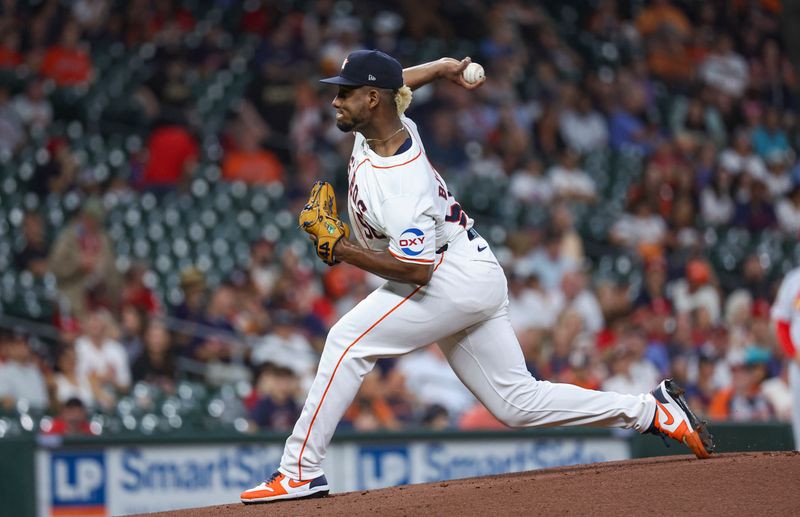 Jun 5, 2024; Houston, Texas, USA; Houston Astros starting pitcher Ronel Blanco (56) delivers a pitch during the first inning against the St. Louis Cardinals at Minute Maid Park. Mandatory Credit: Troy Taormina-USA TODAY Sports