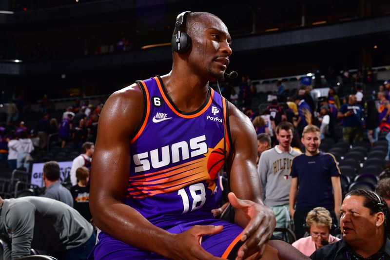 PHOENIX, AZ - OCTOBER 28: Bismack Biyombo #18 of the Phoenix Suns talks to the media after the game against the New Orleans Pelicans on October 28, 2022 at Footprint Center in Phoenix, Arizona. NOTE TO USER: User expressly acknowledges and agrees that, by downloading and or using this photograph, user is consenting to the terms and conditions of the Getty Images License Agreement. Mandatory Copyright Notice: Copyright 2022 NBAE (Photo by Barry Gossage/NBAE via Getty Images)