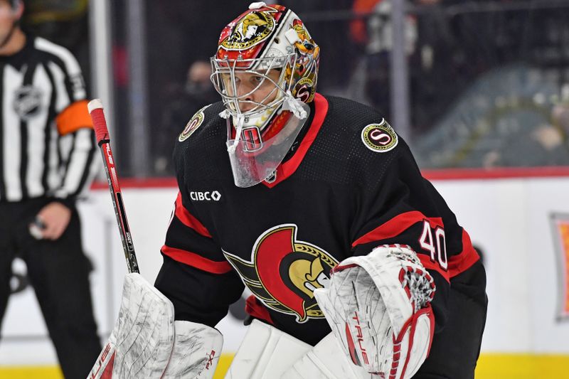 Mar 2, 2024; Philadelphia, Pennsylvania, USA; Ottawa Senators goaltender Mads Sogaard (40) against the Philadelphia Flyers during the first period at Wells Fargo Center. Mandatory Credit: Eric Hartline-USA TODAY Sports