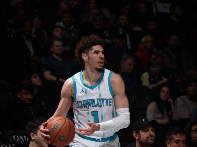 BROOKLYN, NY - NOVEMBER 19: LaMelo Ball #1 of the Charlotte Hornets handles the ball during the game against the Brooklyn Nets during an Emirates NBA Cup game on November 19, 2024 at Barclays Center in Brooklyn, New York. NOTE TO USER: User expressly acknowledges and agrees that, by downloading and or using this Photograph, user is consenting to the terms and conditions of the Getty Images License Agreement. Mandatory Copyright Notice: Copyright 2024 NBAE (Photo by Nathaniel S. Butler/NBAE via Getty Images)